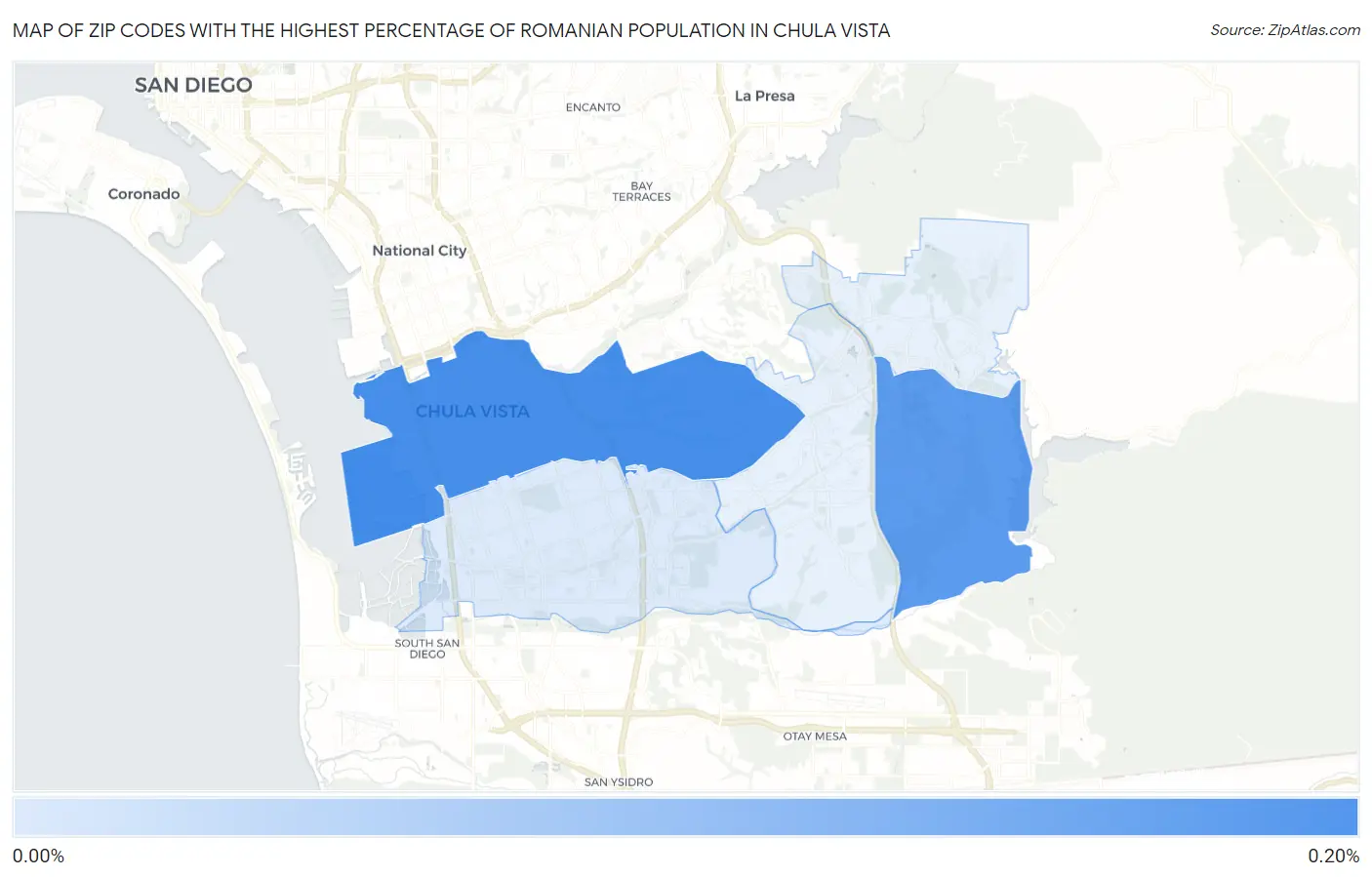 Zip Codes with the Highest Percentage of Romanian Population in Chula Vista Map