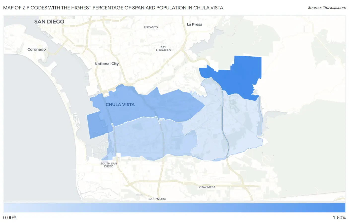 Zip Codes with the Highest Percentage of Spaniard Population in Chula Vista Map