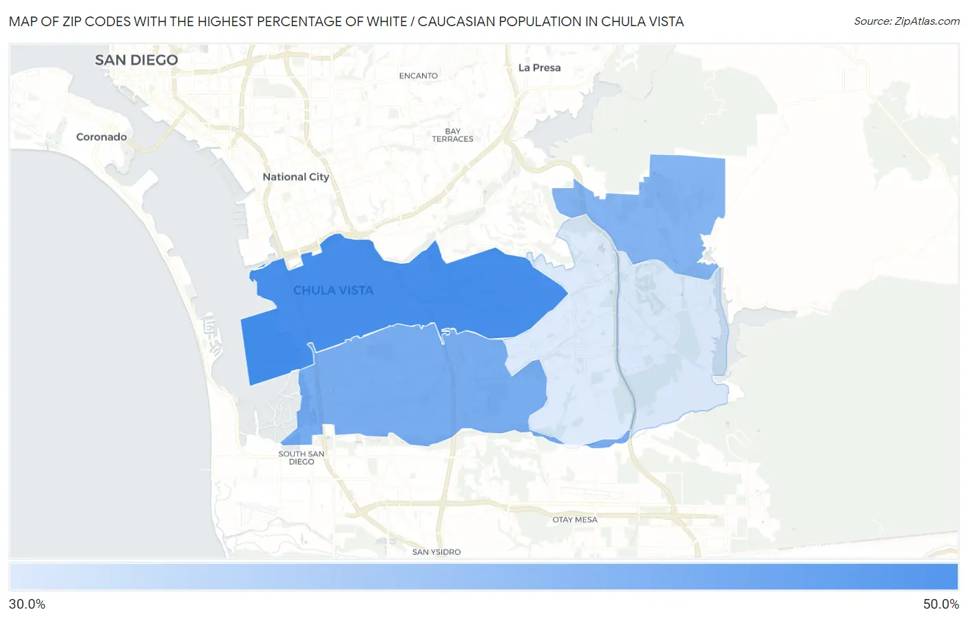 Zip Codes with the Highest Percentage of White / Caucasian Population in Chula Vista Map