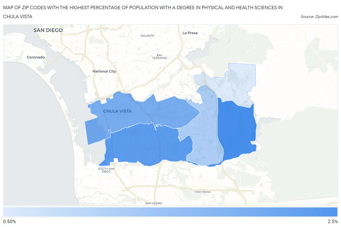 Zip Codes with the Highest Percentage of Population with a Degree in Physical and Health Sciences in Chula Vista Map