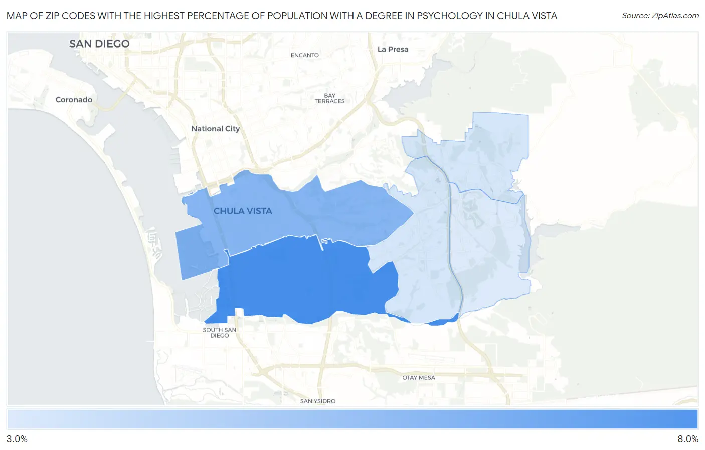 Zip Codes with the Highest Percentage of Population with a Degree in Psychology in Chula Vista Map