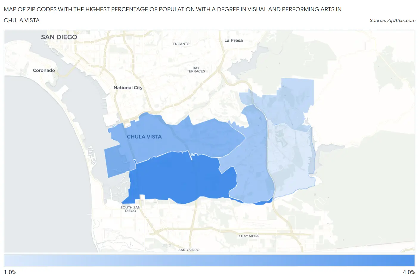 Zip Codes with the Highest Percentage of Population with a Degree in Visual and Performing Arts in Chula Vista Map