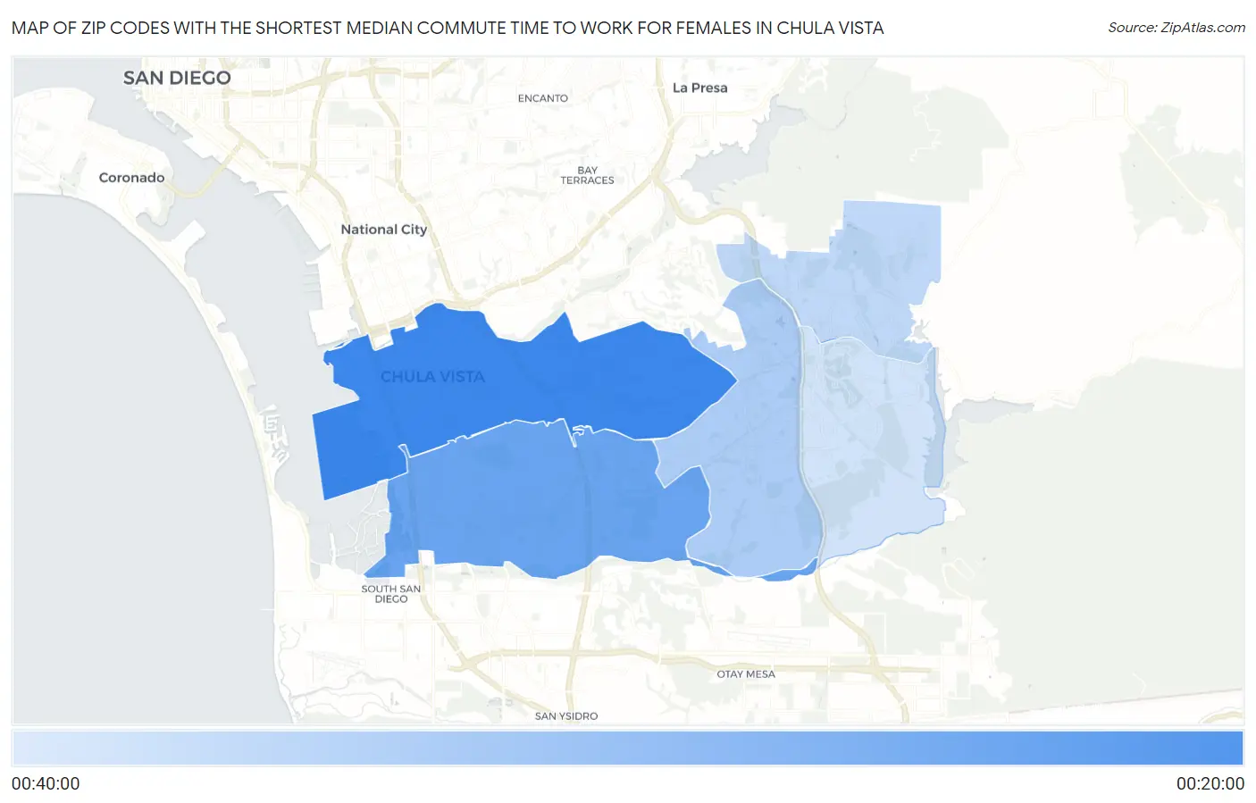 Zip Codes with the Shortest Median Commute Time to Work for Females in Chula Vista Map