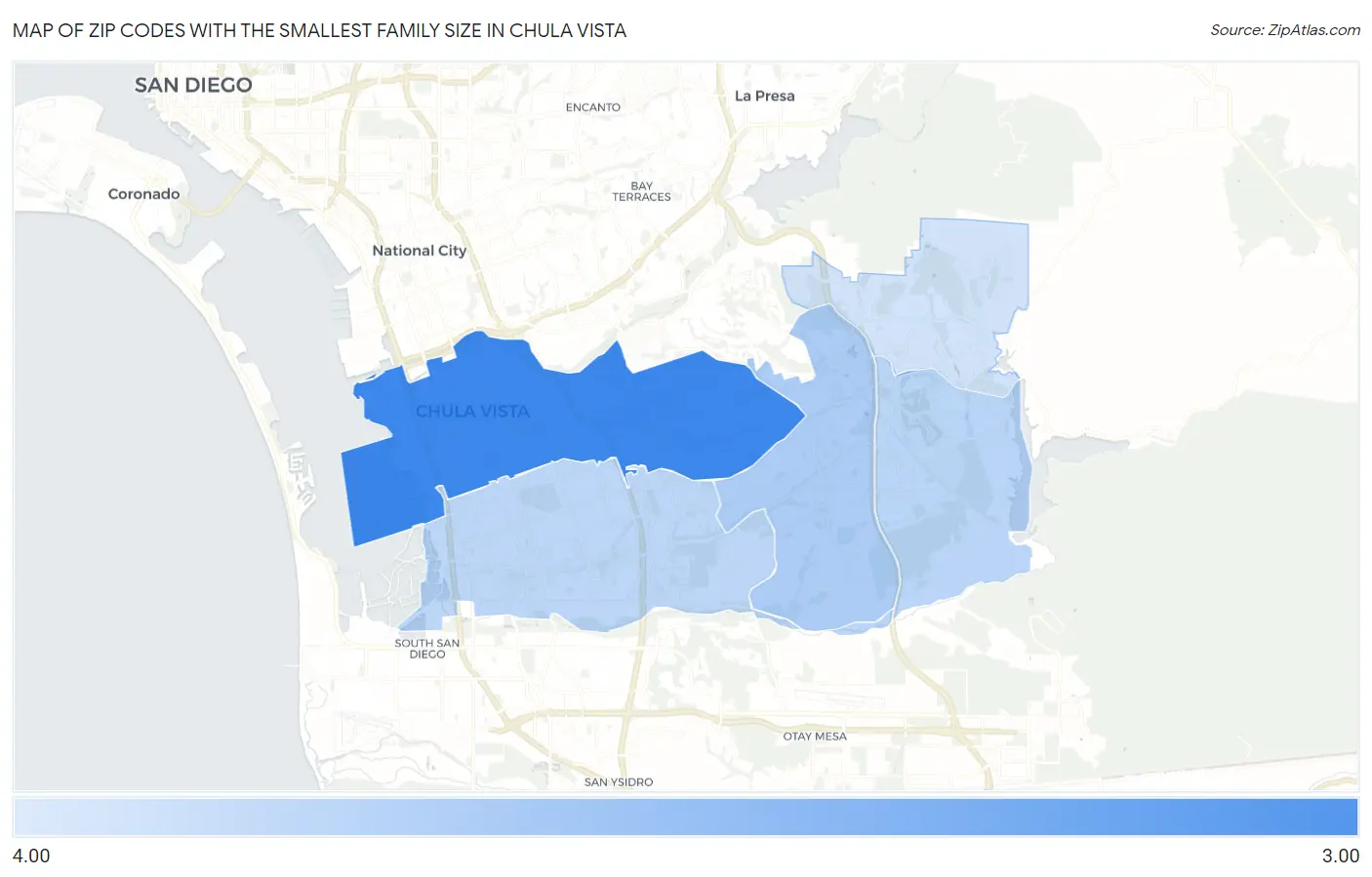 Zip Codes with the Smallest Family Size in Chula Vista Map