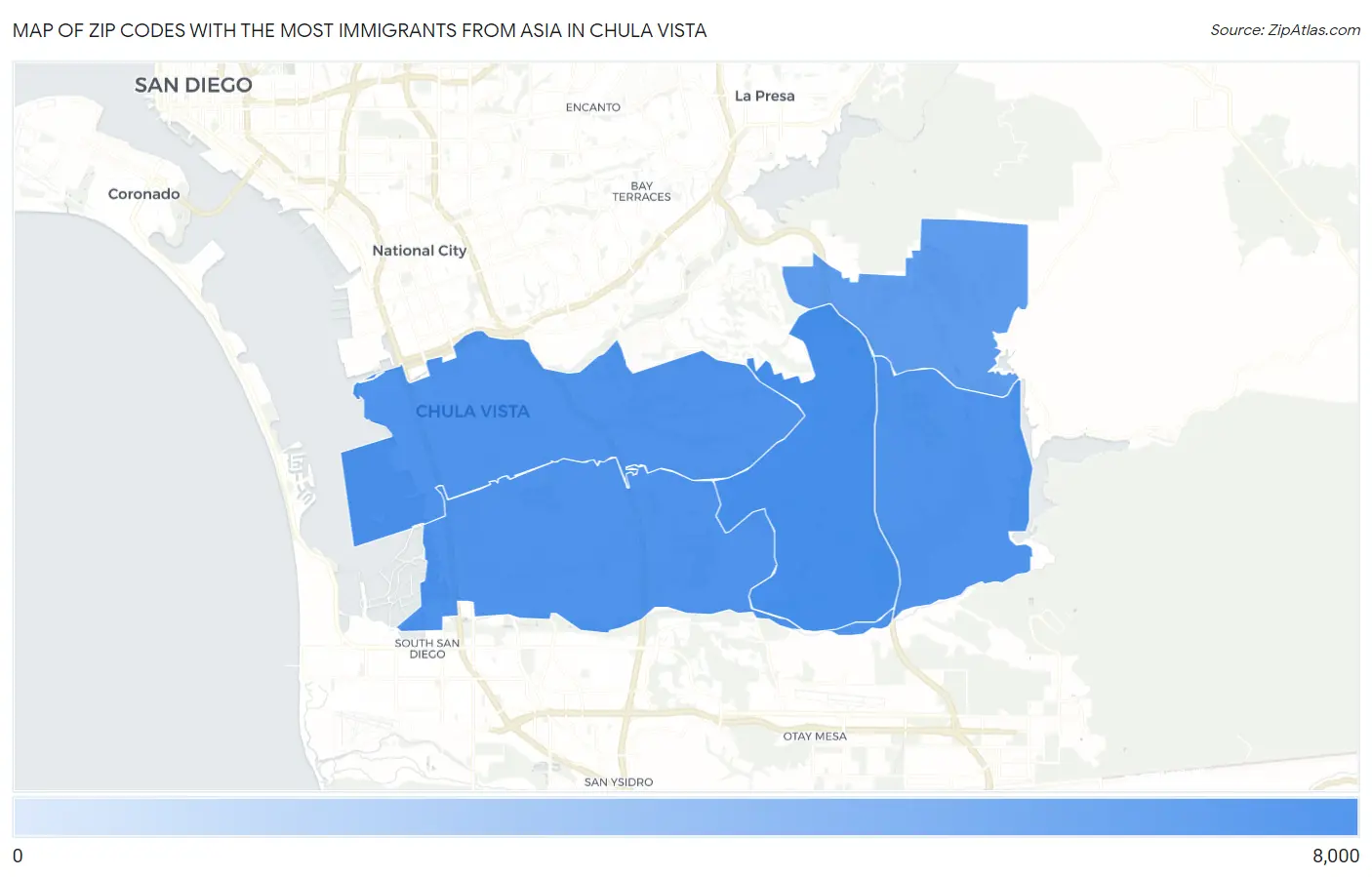 Zip Codes with the Most Immigrants from Asia in Chula Vista Map