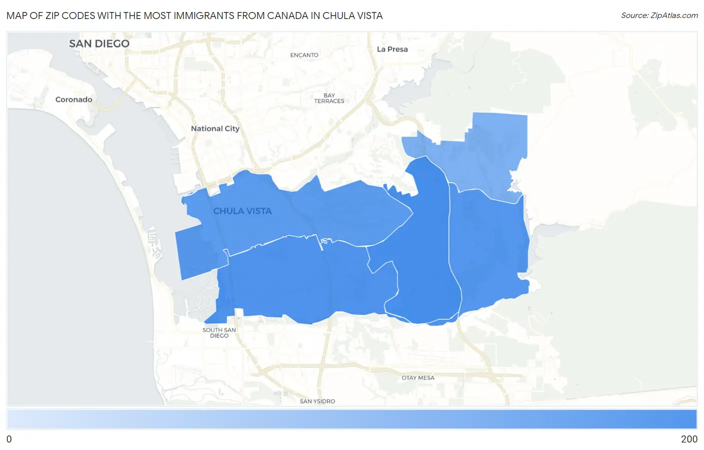Zip Codes with the Most Immigrants from Canada in Chula Vista Map