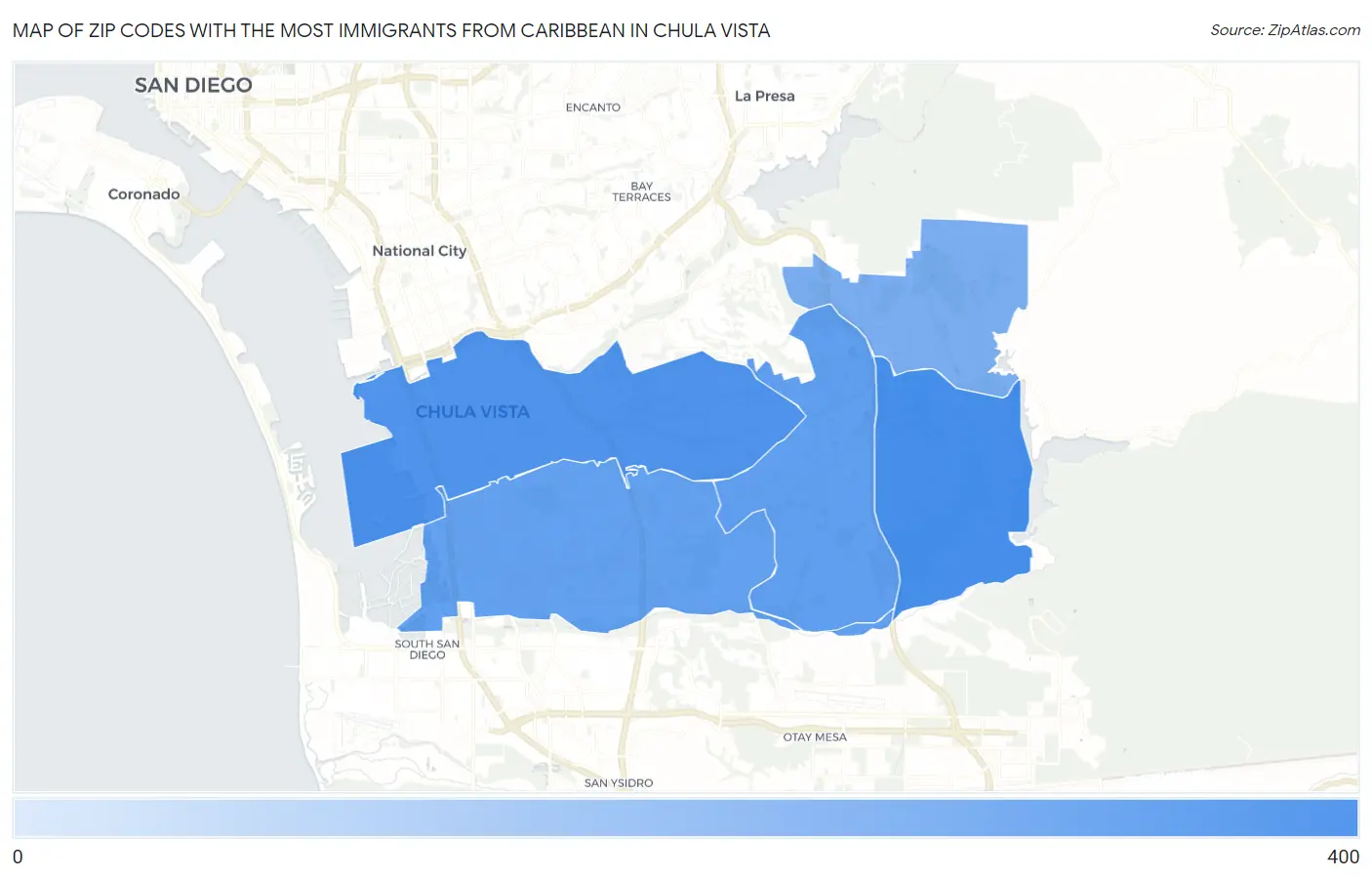 Zip Codes with the Most Immigrants from Caribbean in Chula Vista Map