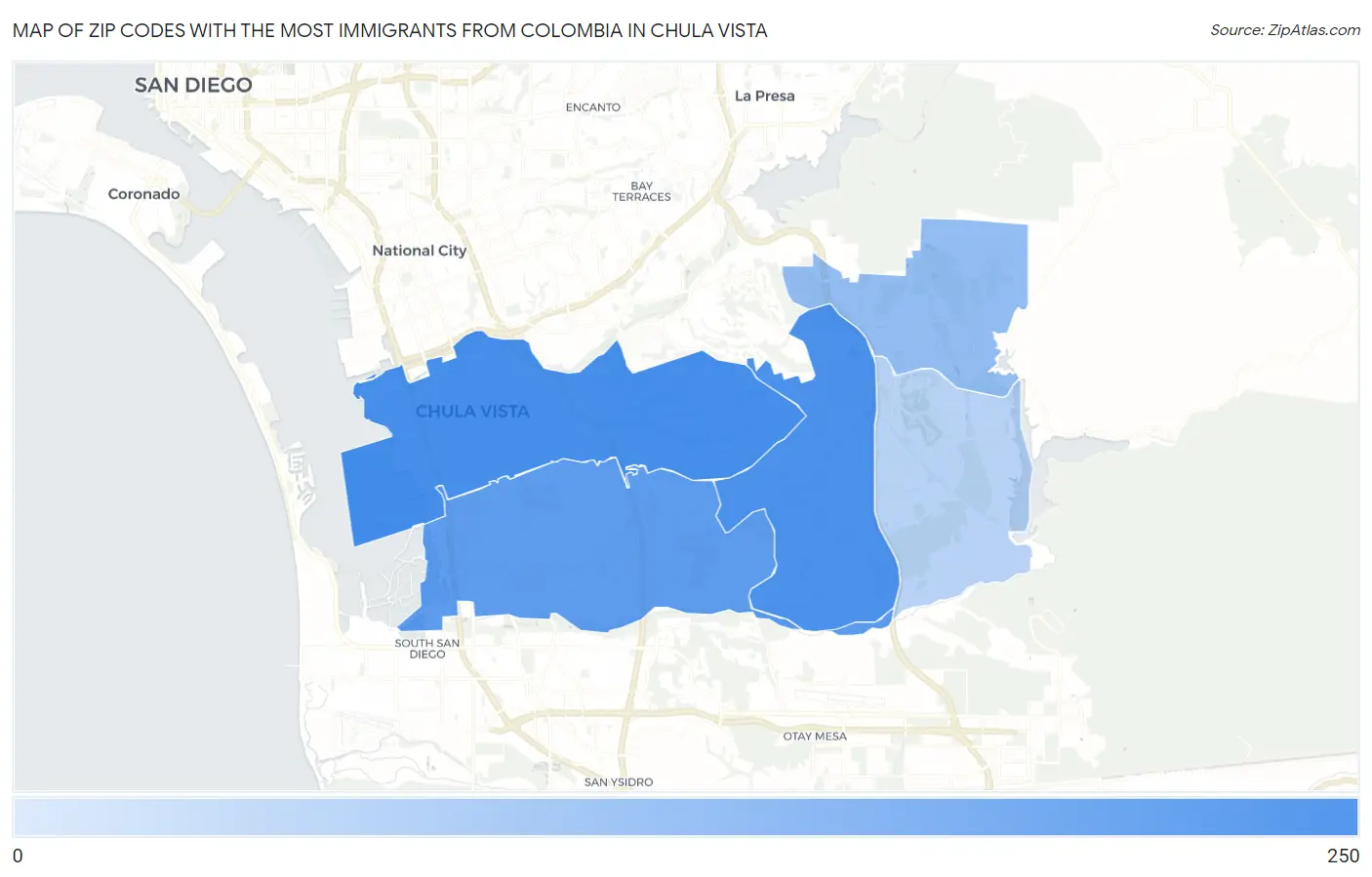 Zip Codes with the Most Immigrants from Colombia in Chula Vista Map