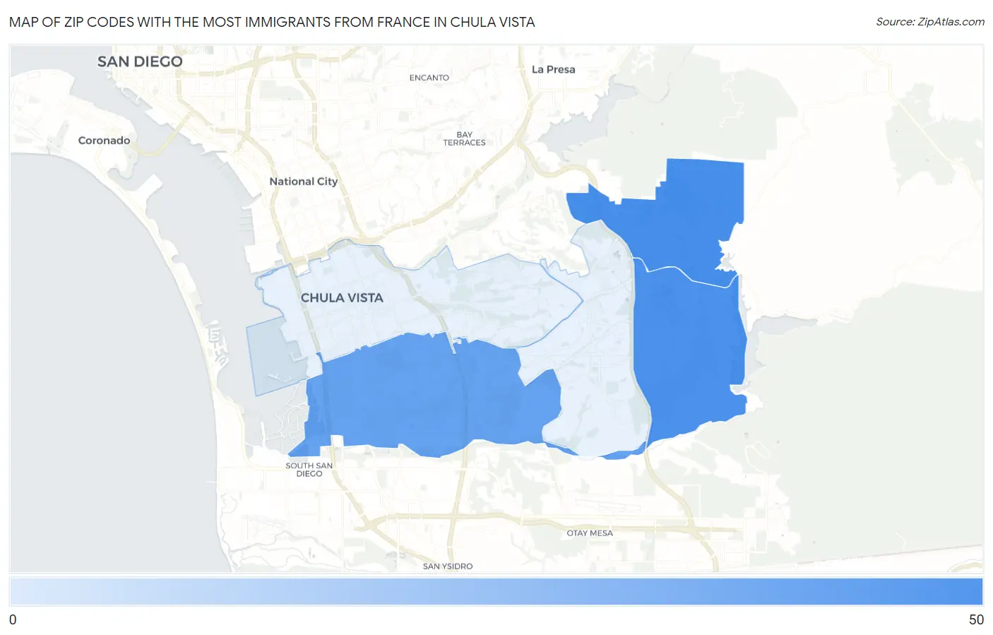 Zip Codes with the Most Immigrants from France in Chula Vista Map