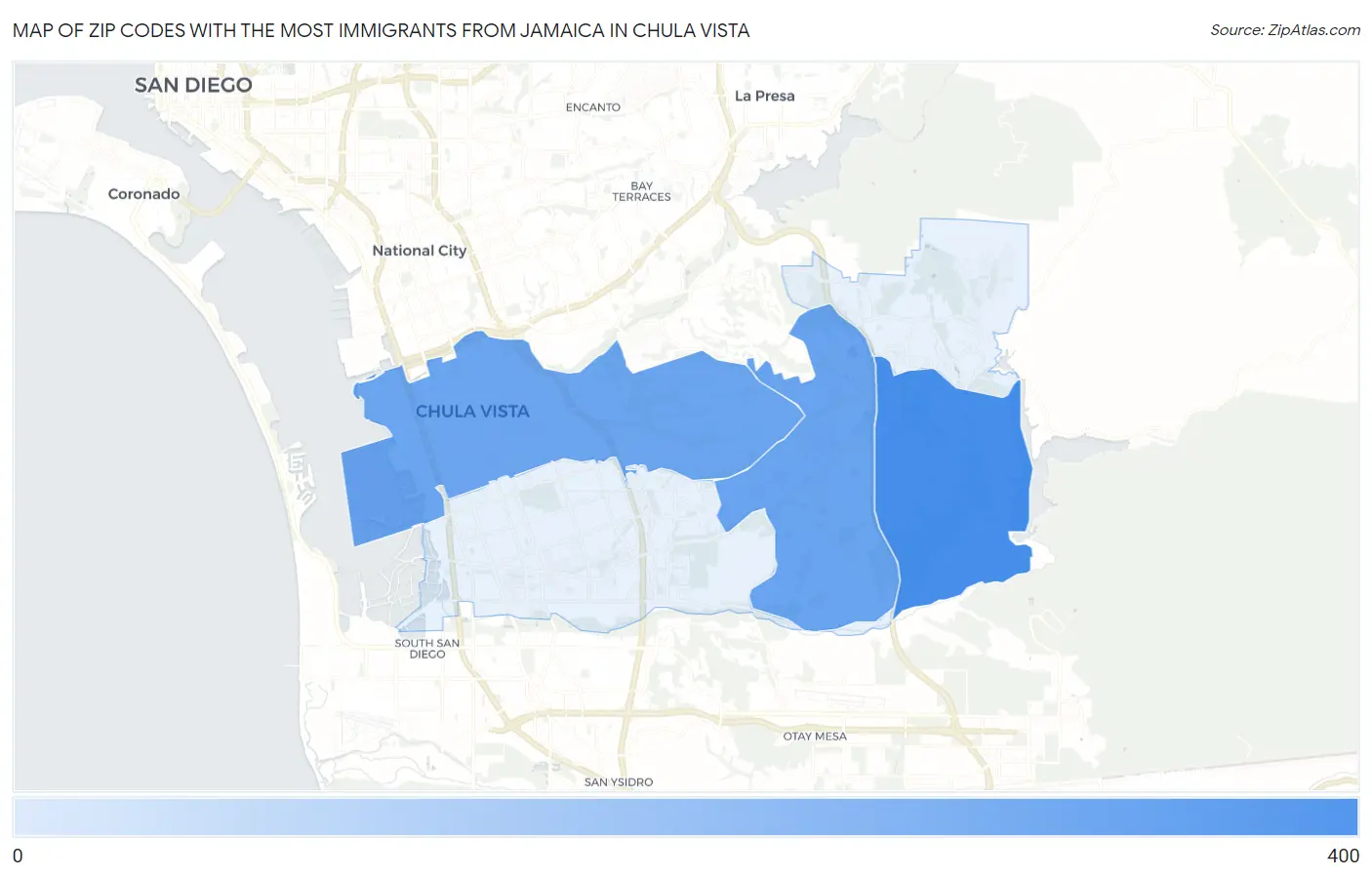 Zip Codes with the Most Immigrants from Jamaica in Chula Vista Map