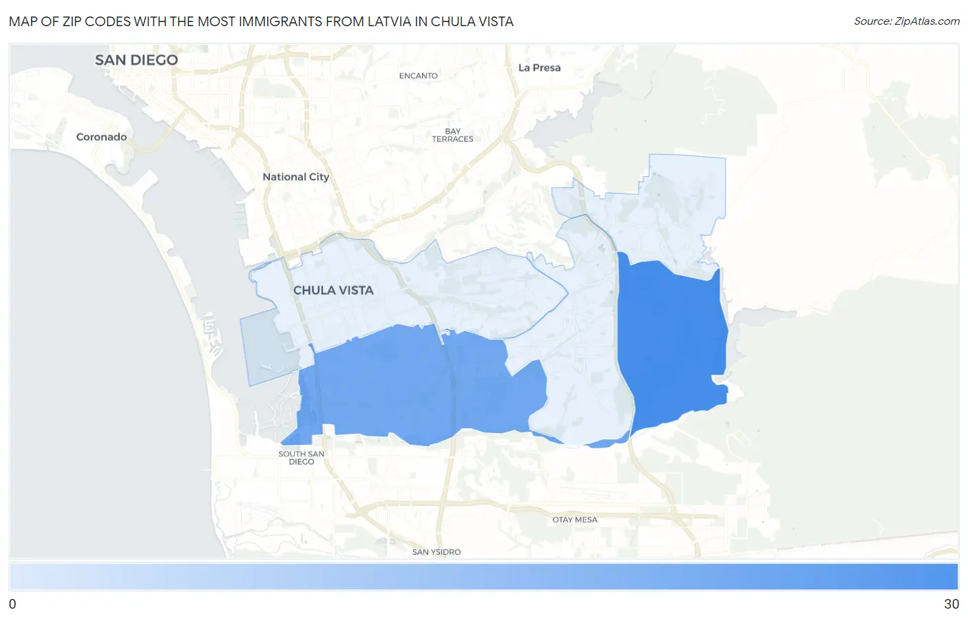 Zip Codes with the Most Immigrants from Latvia in Chula Vista Map