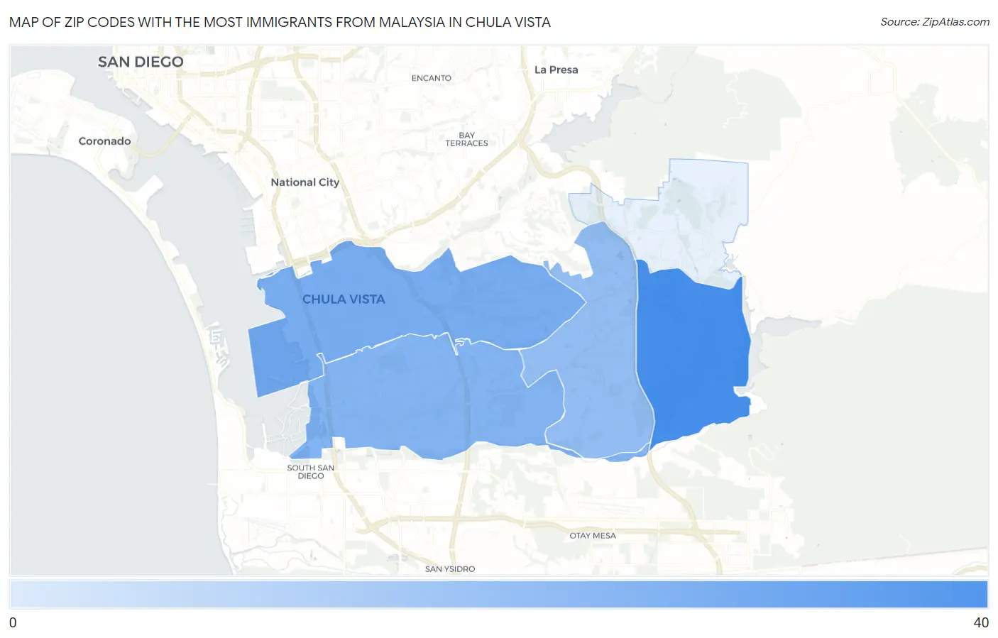 Zip Codes with the Most Immigrants from Malaysia in Chula Vista Map
