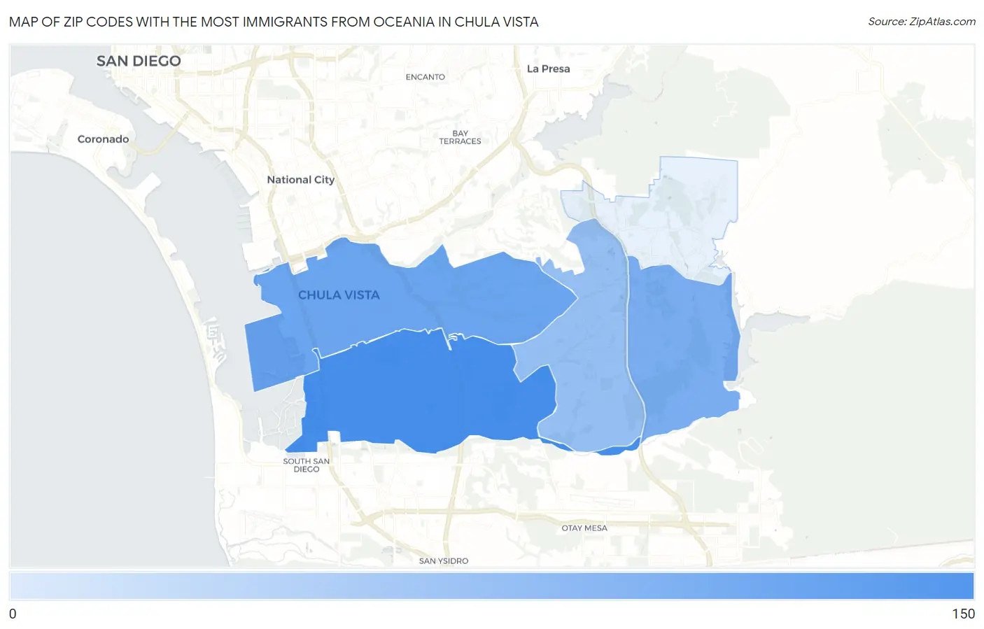 Zip Codes with the Most Immigrants from Oceania in Chula Vista Map