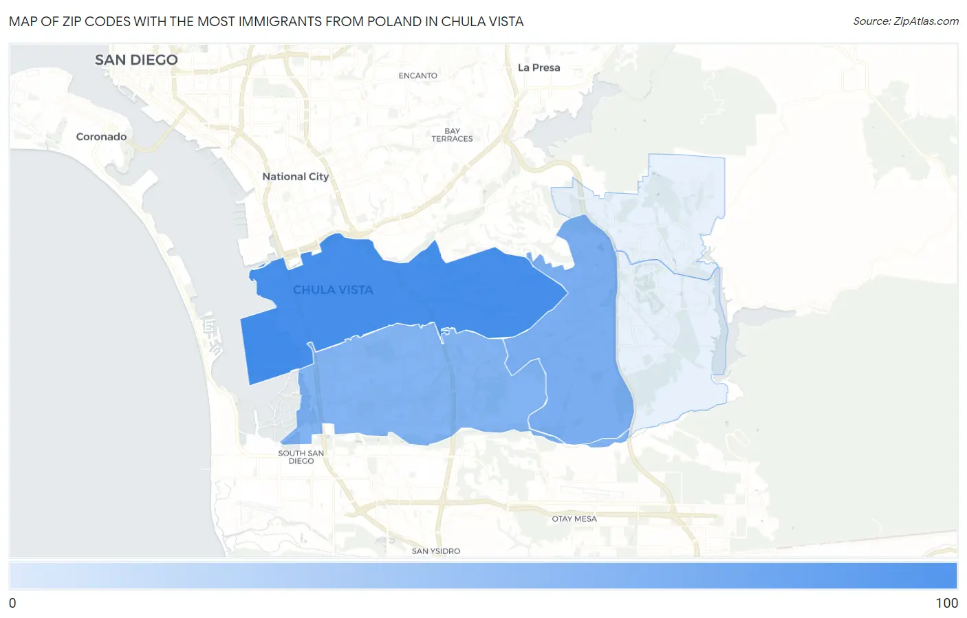 Zip Codes with the Most Immigrants from Poland in Chula Vista Map