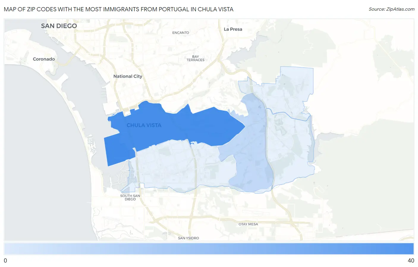 Zip Codes with the Most Immigrants from Portugal in Chula Vista Map