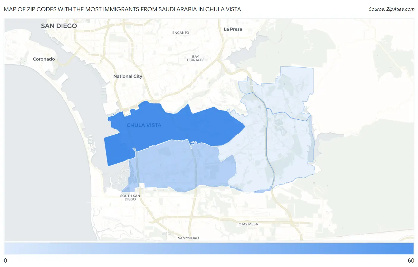 Zip Codes with the Most Immigrants from Saudi Arabia in Chula Vista Map