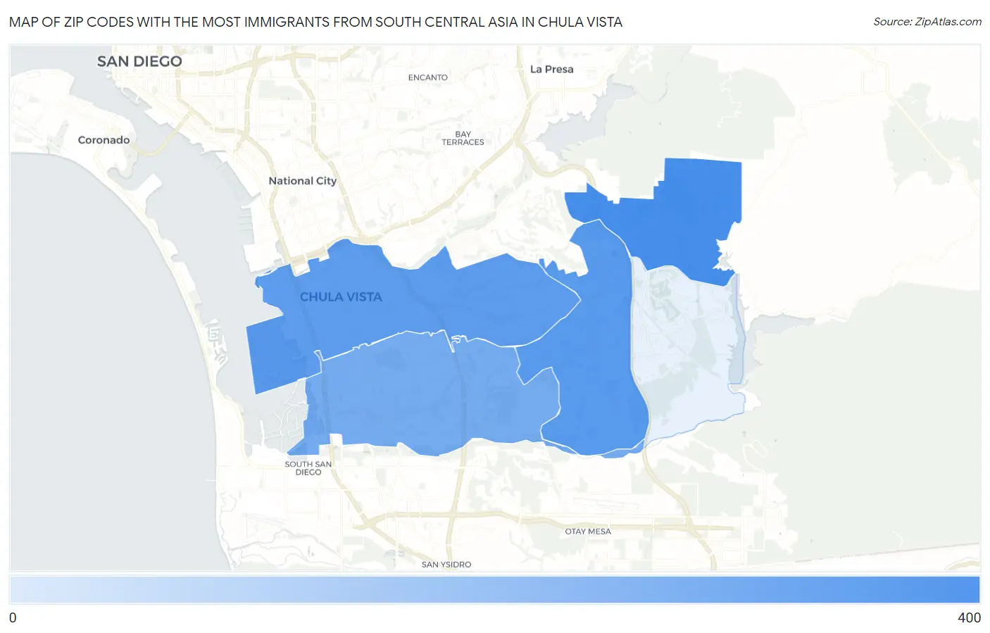 Zip Codes with the Most Immigrants from South Central Asia in Chula Vista Map