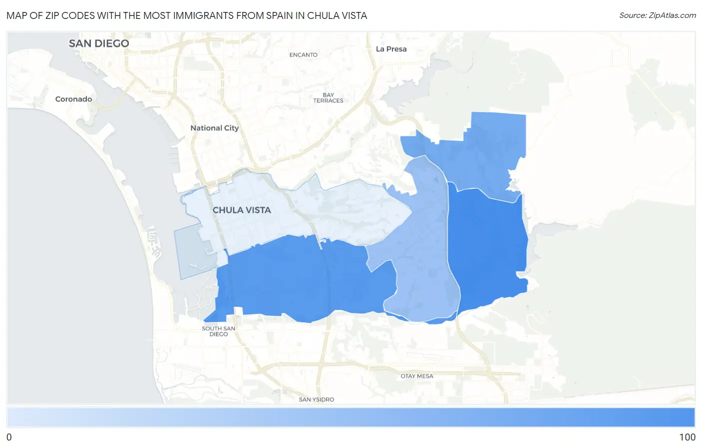 Zip Codes with the Most Immigrants from Spain in Chula Vista Map