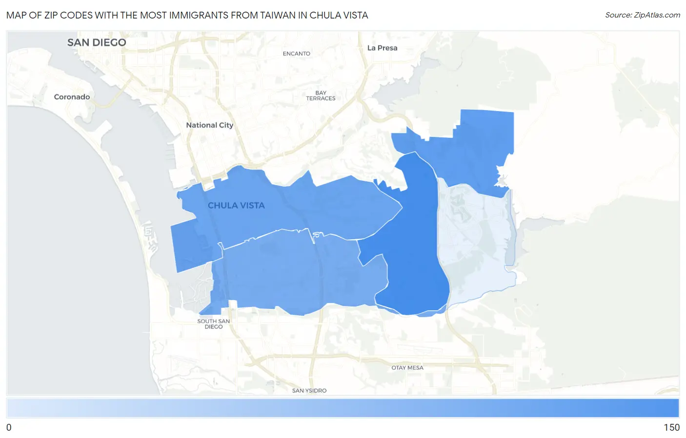 Zip Codes with the Most Immigrants from Taiwan in Chula Vista Map