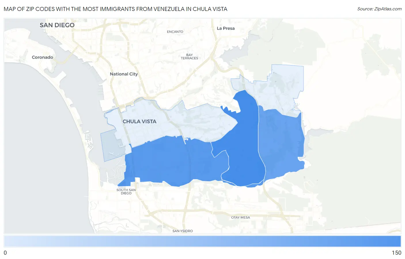 Zip Codes with the Most Immigrants from Venezuela in Chula Vista Map