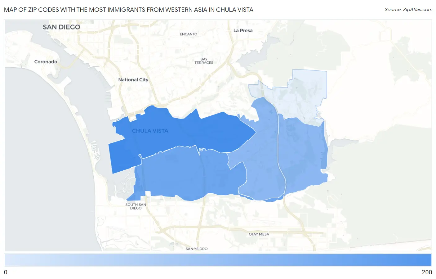 Zip Codes with the Most Immigrants from Western Asia in Chula Vista Map