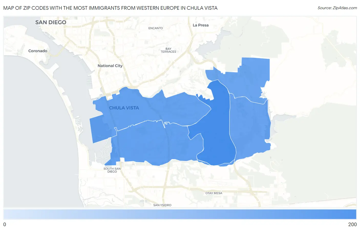 Zip Codes with the Most Immigrants from Western Europe in Chula Vista Map