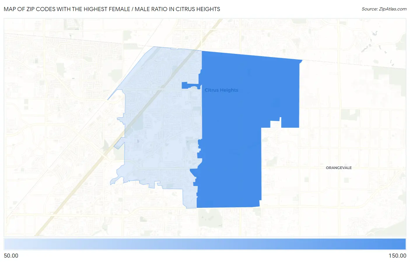 Zip Codes with the Highest Female / Male Ratio in Citrus Heights Map