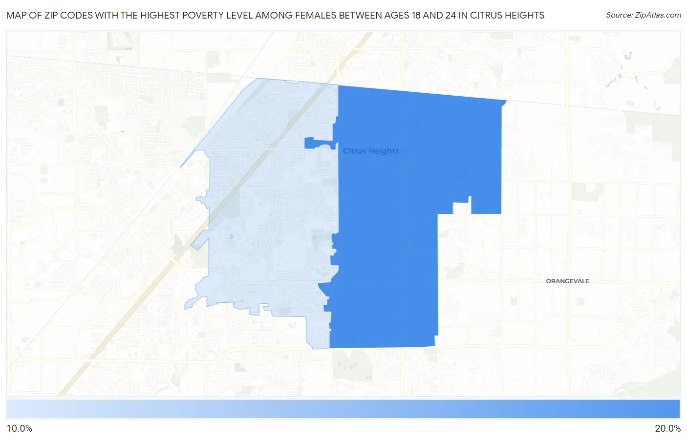 Zip Codes with the Highest Poverty Level Among Females Between Ages 18 and 24 in Citrus Heights Map