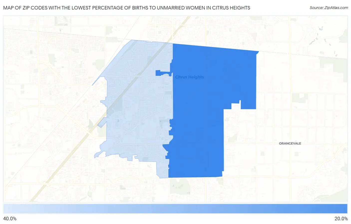 Zip Codes with the Lowest Percentage of Births to Unmarried Women in Citrus Heights Map