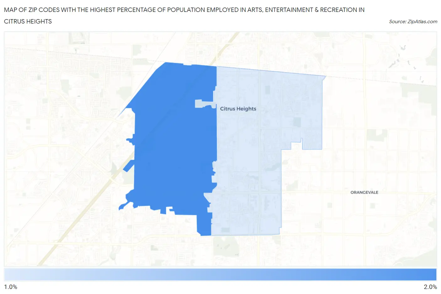 Zip Codes with the Highest Percentage of Population Employed in Arts, Entertainment & Recreation in Citrus Heights Map