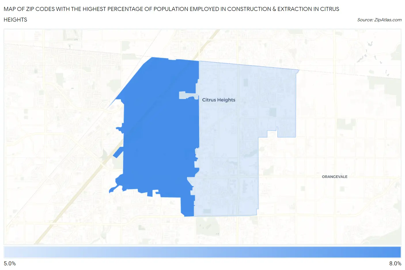 Zip Codes with the Highest Percentage of Population Employed in Construction & Extraction in Citrus Heights Map