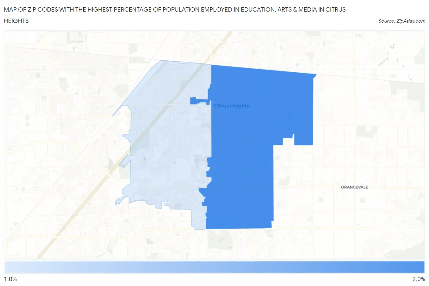 Zip Codes with the Highest Percentage of Population Employed in Education, Arts & Media in Citrus Heights Map