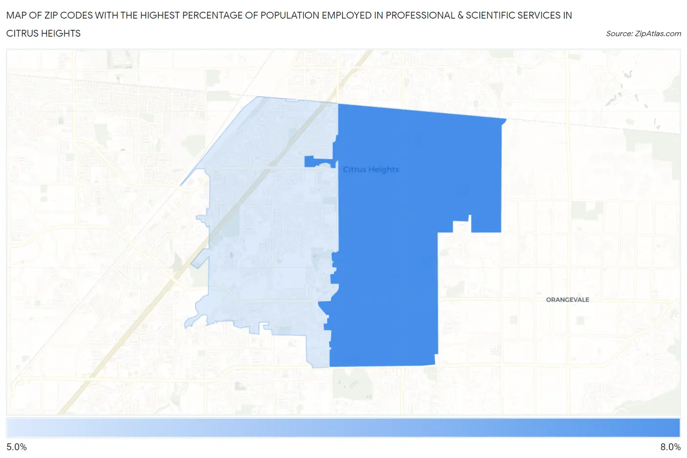 Zip Codes with the Highest Percentage of Population Employed in Professional & Scientific Services in Citrus Heights Map