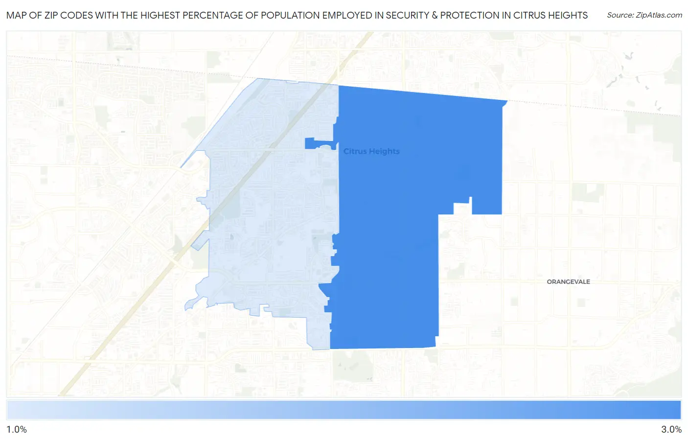 Zip Codes with the Highest Percentage of Population Employed in Security & Protection in Citrus Heights Map