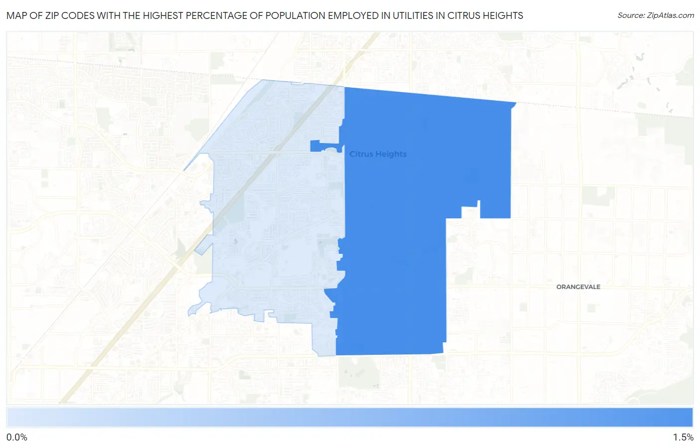 Zip Codes with the Highest Percentage of Population Employed in Utilities in Citrus Heights Map
