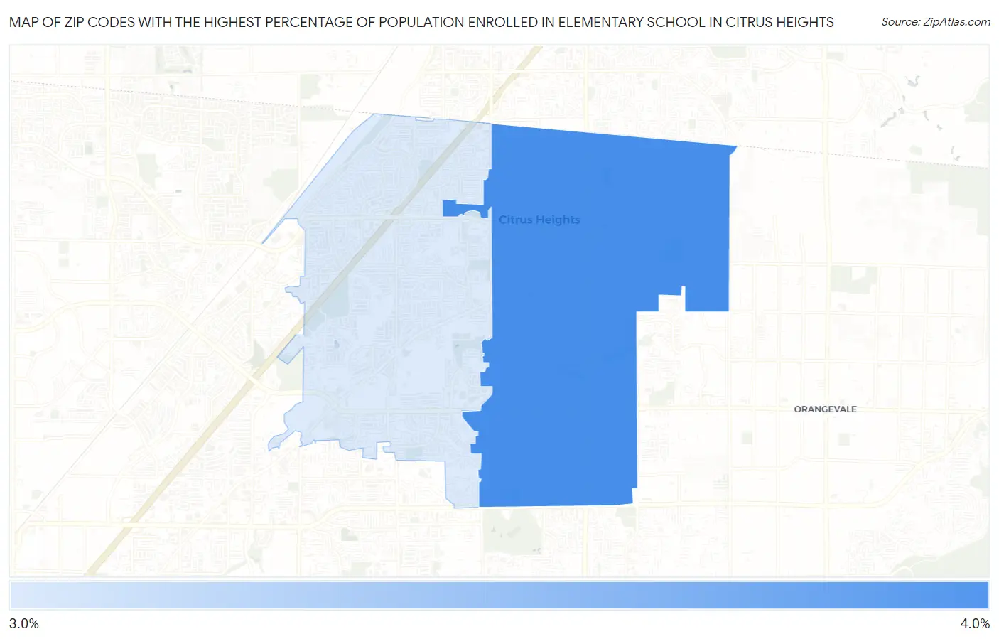 Zip Codes with the Highest Percentage of Population Enrolled in Elementary School in Citrus Heights Map