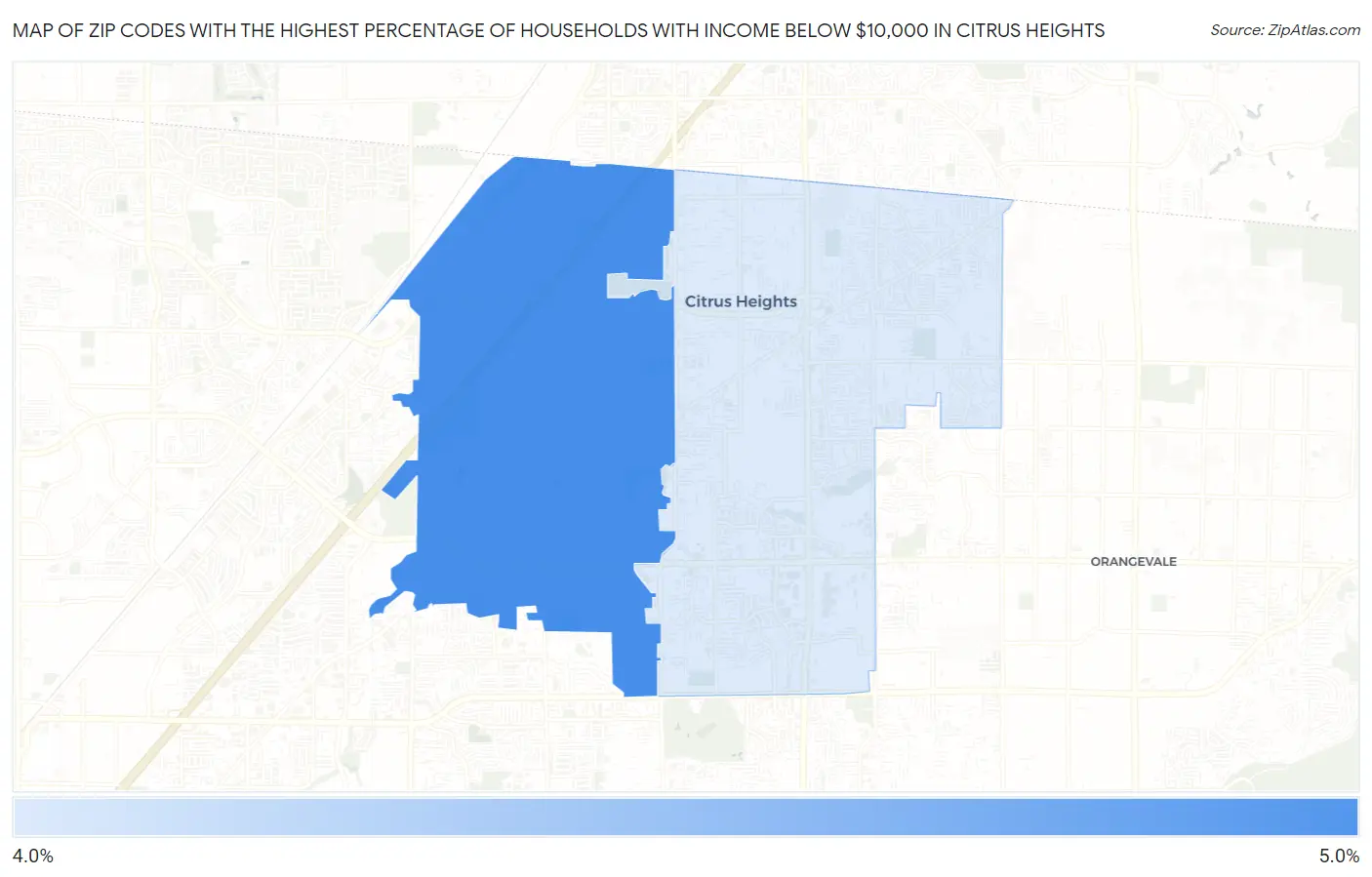 Zip Codes with the Highest Percentage of Households with Income Below $10,000 in Citrus Heights Map