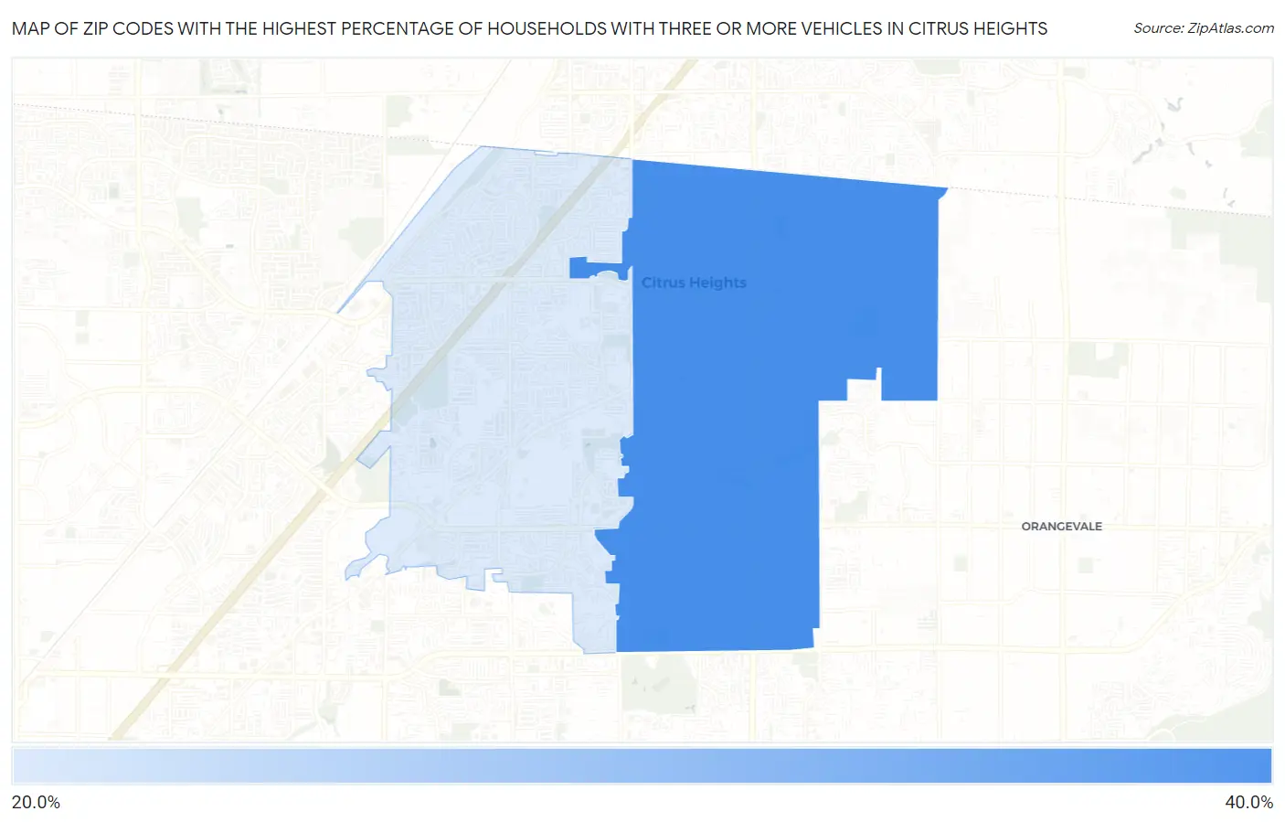 Zip Codes with the Highest Percentage of Households With Three or more Vehicles in Citrus Heights Map