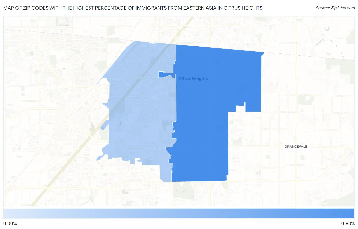Zip Codes with the Highest Percentage of Immigrants from Eastern Asia in Citrus Heights Map