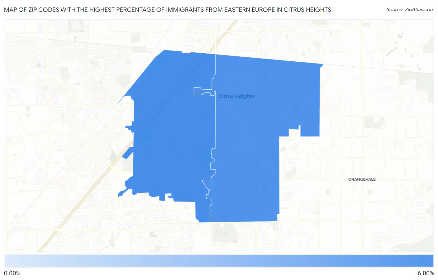 Zip Codes with the Highest Percentage of Immigrants from Eastern Europe in Citrus Heights Map