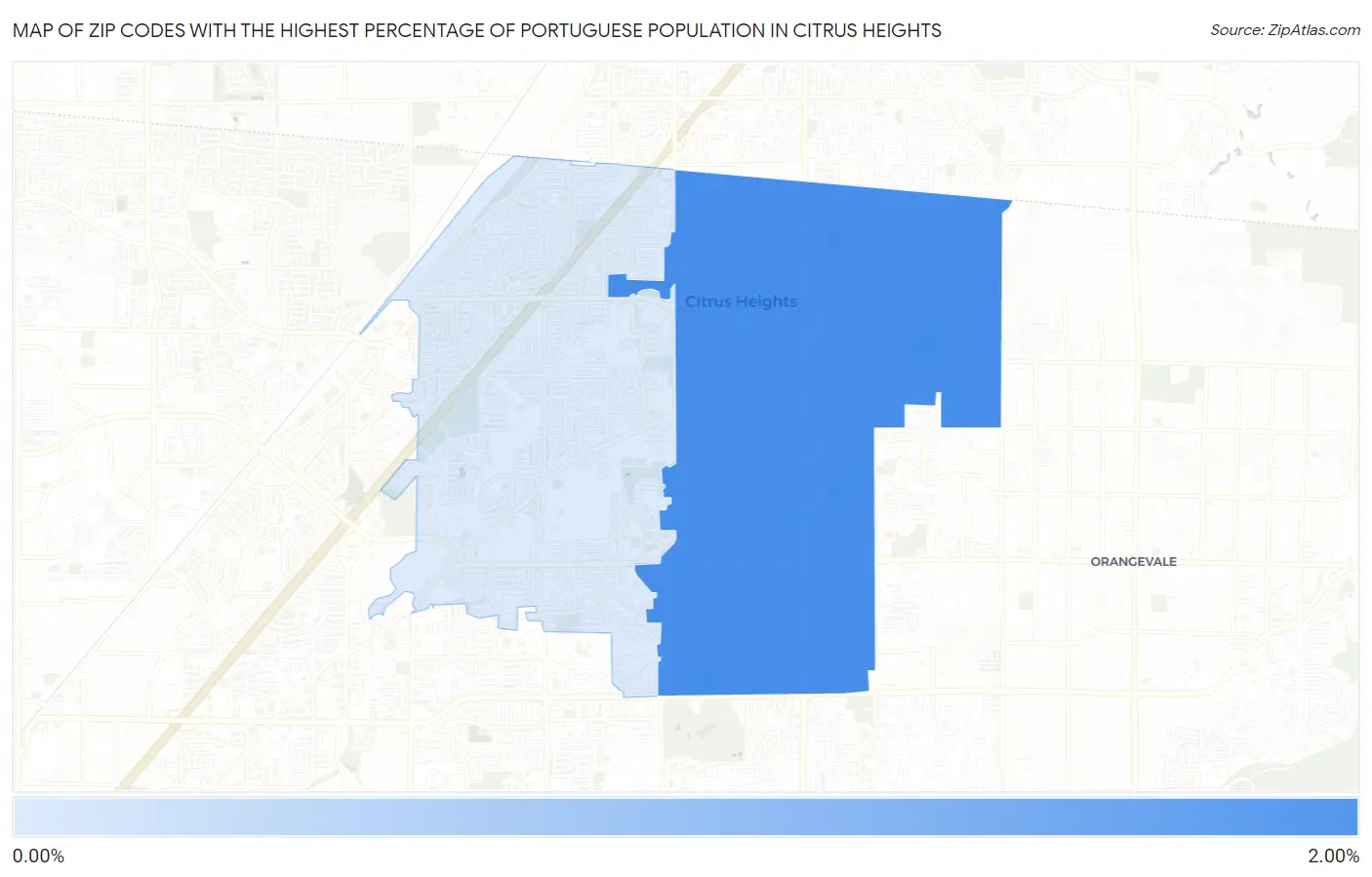 Zip Codes with the Highest Percentage of Portuguese Population in Citrus Heights Map