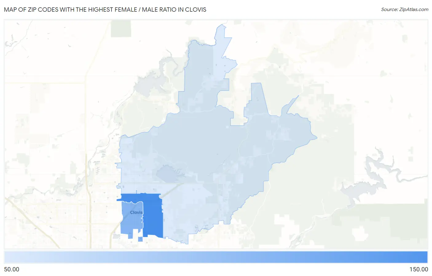Zip Codes with the Highest Female / Male Ratio in Clovis Map