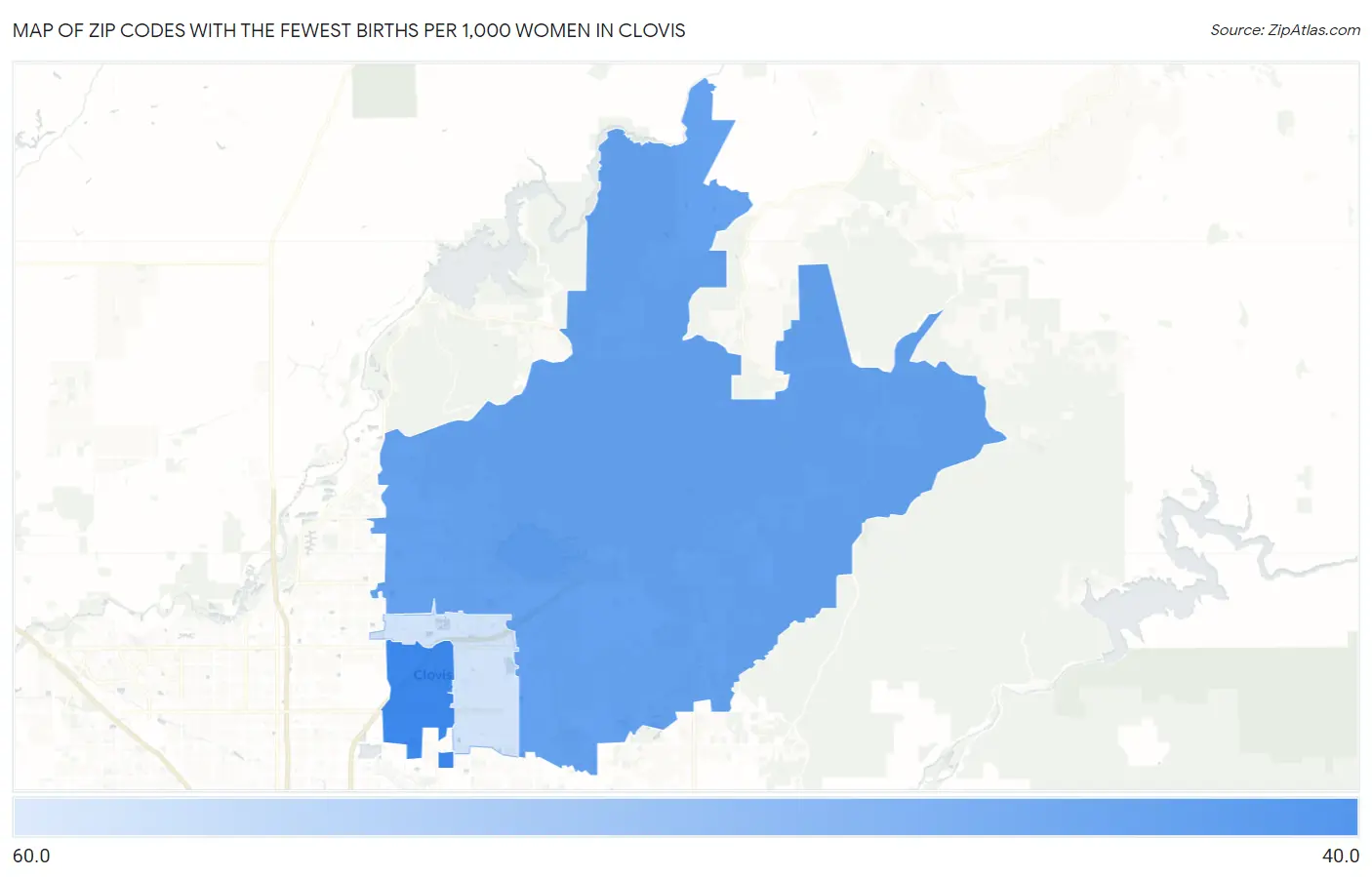 Zip Codes with the Fewest Births per 1,000 Women in Clovis Map