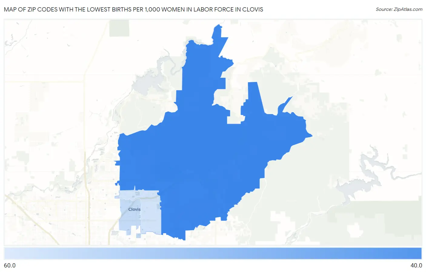 Zip Codes with the Lowest Births per 1,000 Women in Labor Force in Clovis Map