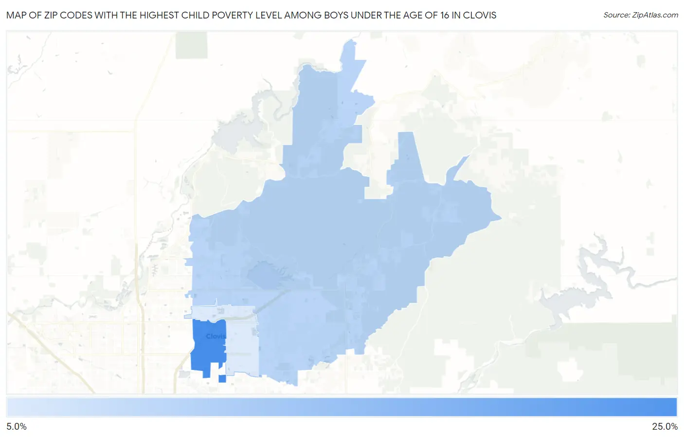 Zip Codes with the Highest Child Poverty Level Among Boys Under the Age of 16 in Clovis Map
