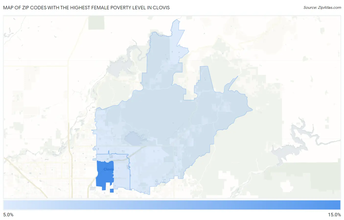 Zip Codes with the Highest Female Poverty Level in Clovis Map