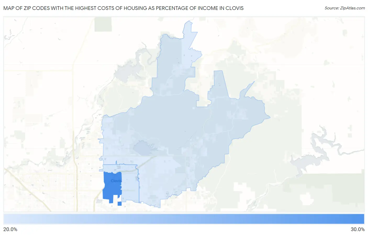 Zip Codes with the Highest Costs of Housing as Percentage of Income in Clovis Map