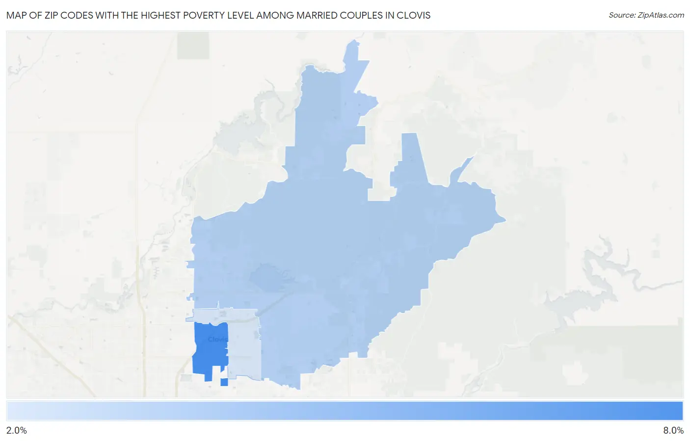 Zip Codes with the Highest Poverty Level Among Married Couples in Clovis Map
