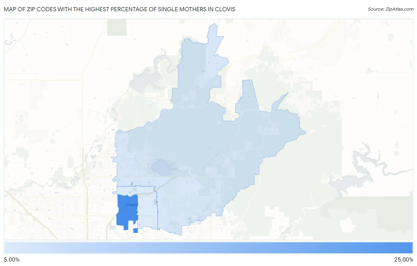 Zip Codes with the Highest Percentage of Single Mothers in Clovis Map