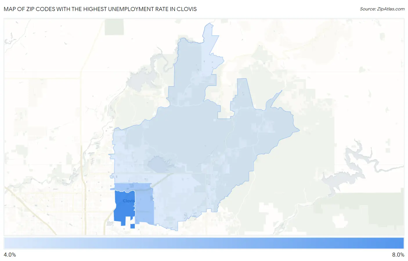 Zip Codes with the Highest Unemployment Rate in Clovis Map